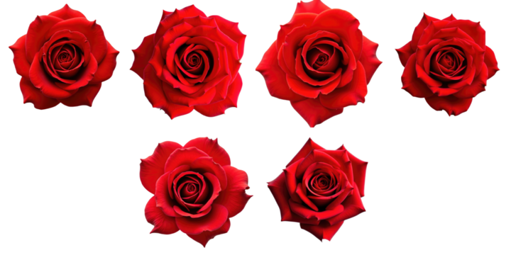 Collection of six red roses viewed from above showcasing intricate petal details on a transparent background ideal for floral compositions and designs. - Powered by Adobe