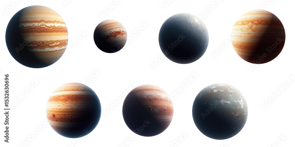 Poster collection of diverse exoplanets with various colors and textures set against a transparent backgrou