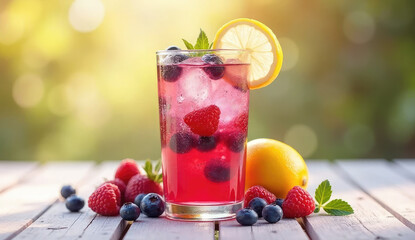 Refreshing Berry Lemonade in a Glass on a Wooden Table