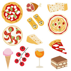 Hand drawn Italian food illustrations. Pizza, pasta, cheese, tomato, gelato cone, aperol spritz, tiramisu, salad. Traditional Mediterranean cuisine. Vector flat design for print, menu, sticker.