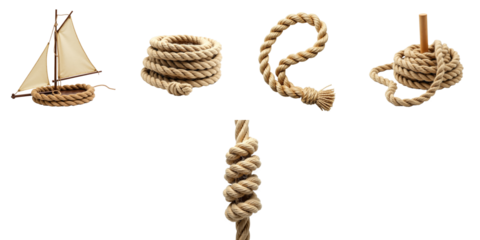 Hemp rope arranged in various configurations including coiled rope, twisted knot, and a small sailing boat isolated on a transparent background