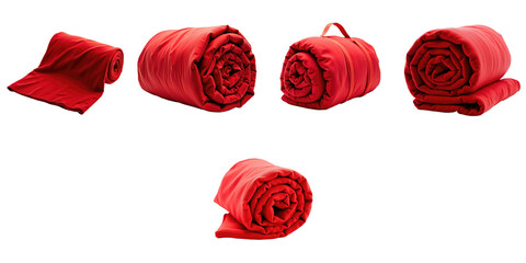 Rolled red blanket in various positions on transparent background showcasing multiple angles and details of fabric texture and structure