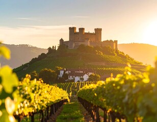 Vineyard and castle at sunrise