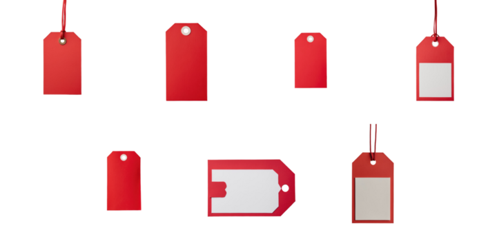 Set of eight red blank price tags in various shapes and sizes, featuring a hole for string attachment, isolated on a transparent background.