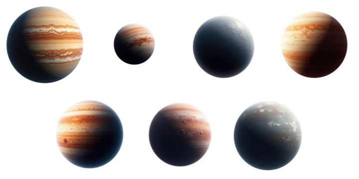 Collection of diverse exoplanets with various colors and textures set against a transparent background. High resolution space imagery suitable for astronomy and science-themed projects.