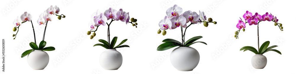 Poster orchid flower arrangements in white vases featuring multiple colors on a transparent background suit