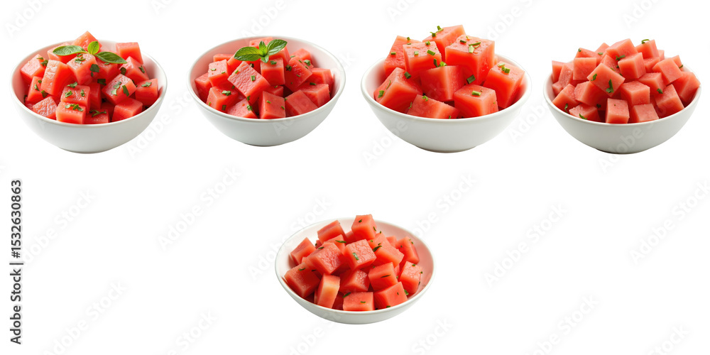 Poster five bowls of diced watermelon salad with fresh mint on a transparent background arranged in varying
