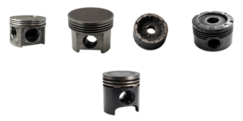 Collection of motorcycle piston heads displaying varying degrees of soot and damage from low-quality gasoline usage, isolated on a transparent background for detailed examination.