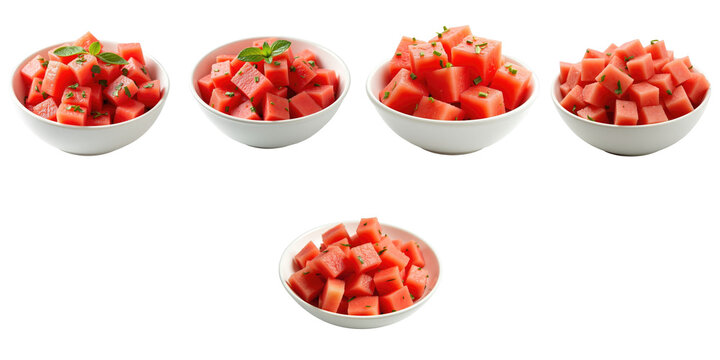 Five bowls of diced watermelon salad with fresh mint on a transparent background arranged in varying sizes and styles for visual contrast and presentation.