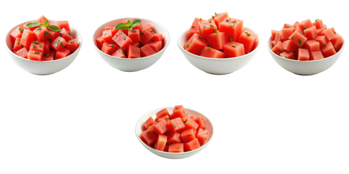 Five bowls of diced watermelon salad with fresh mint on a transparent background arranged in varying sizes and styles for visual contrast and presentation. - Powered by Adobe