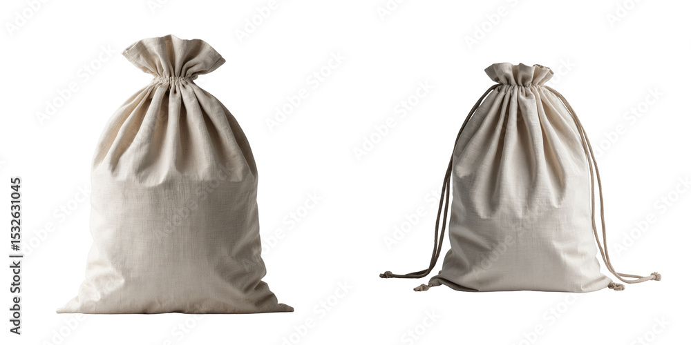 Poster natural linen and cotton canvas drawstring bags mockup isolated on transparent background with diffe