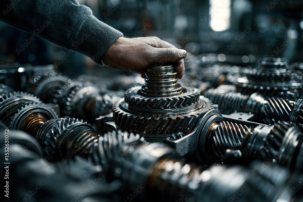 Poster close-up of mechanic assembling gears in workshop showcasing precision and craftsmanship during dayl
