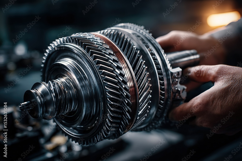Poster precision engineering in action as a technician handles a detailed turbine component in an industria