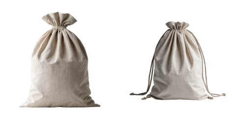 Natural linen and cotton canvas drawstring bags mockup isolated on transparent background with different views showcasing the top closure and overall shape.