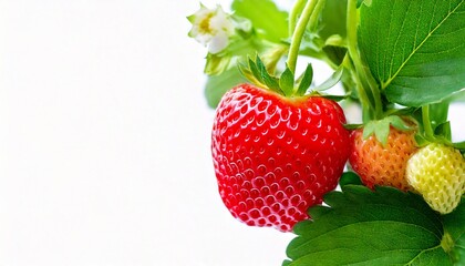 Strawberry on a tree. using macro technique. white background. copy space
