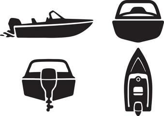jet boat silhouette icons set side, front, back, and top views vector art illustration