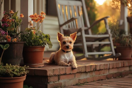 Cozy countryside scene featuring terrier dog lounging on farmhouse porch, highlighted by soft evening sunlight and charming garden details - Powered by Adobe