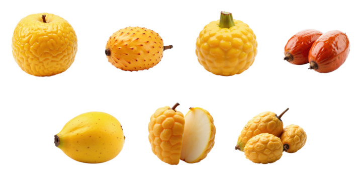 Variety of Sapodilla fruits including whole and cut pieces, showcasing different shapes and textures on a transparent background, highlighting tropical snack availability