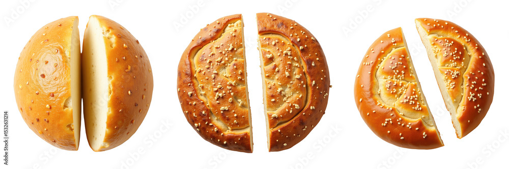 Poster whole wheat round bread rusk broken in half displayed on a transparent background showing various an