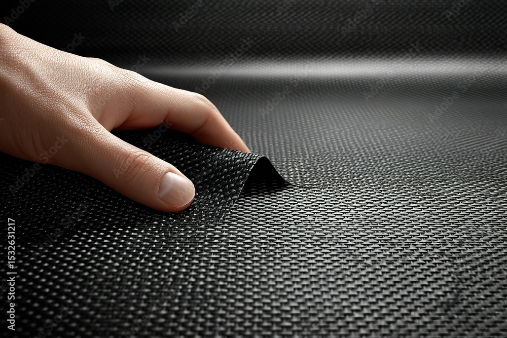 Poster hand lifting a corner of textured black material in a close-up setting for design or crafting purpos