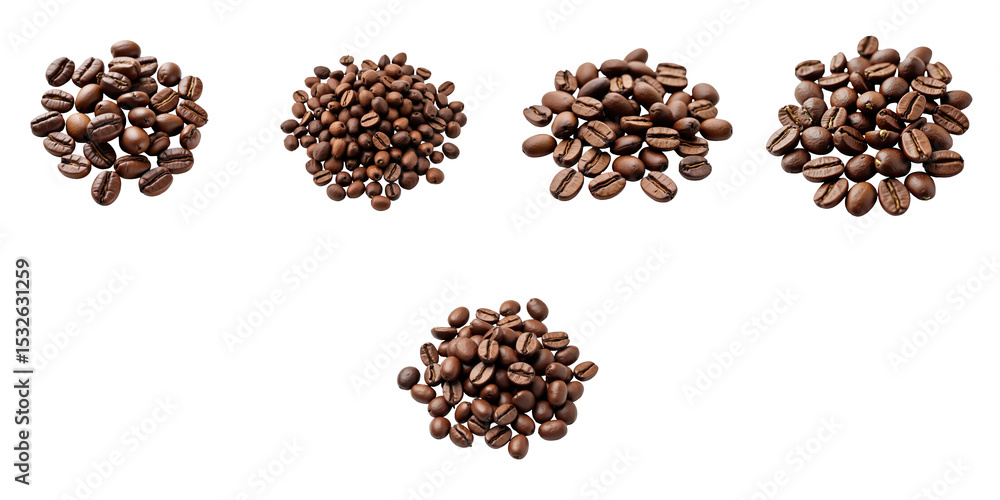 Poster various piles of roasted coffee beans arranged on a transparent background demonstrating different s