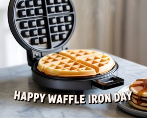 Deliciously golden waffles ready on a modern waffle iron on Happy Waffle Iron Day. Close-up of a hot, freshly cooked waffle in a modern black waffle iron.