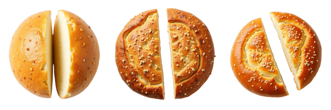 Whole wheat round bread rusk broken in half displayed on a transparent background showing various angles of empty and topped surfaces in a top view arrangement