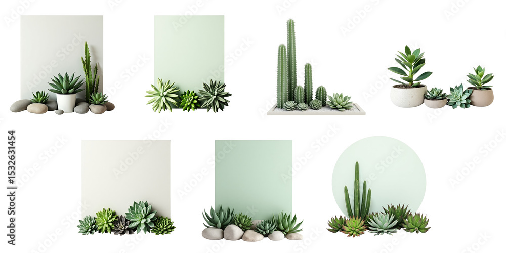 Poster stylized arrangement of various succulent plants and minimalistic solid backgrounds in different sha
