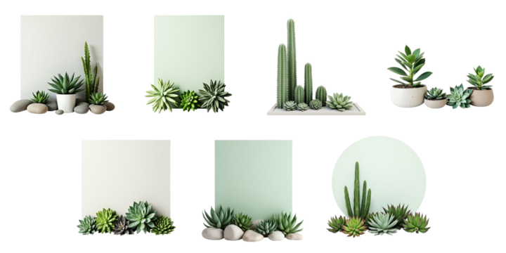 Stylized arrangement of various succulent plants and minimalistic solid backgrounds in different shapes displaying modern design elements with a vibrant aesthetic