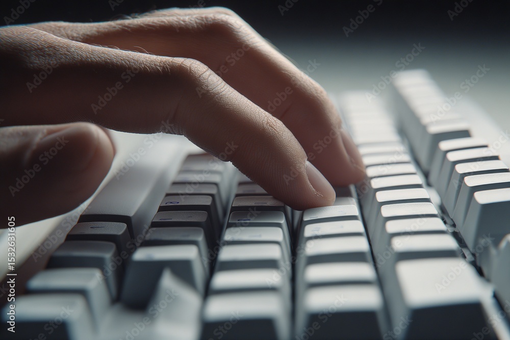 Poster close up of a hand typing on a modern keyboard in a dimly lit workspace during a late night session