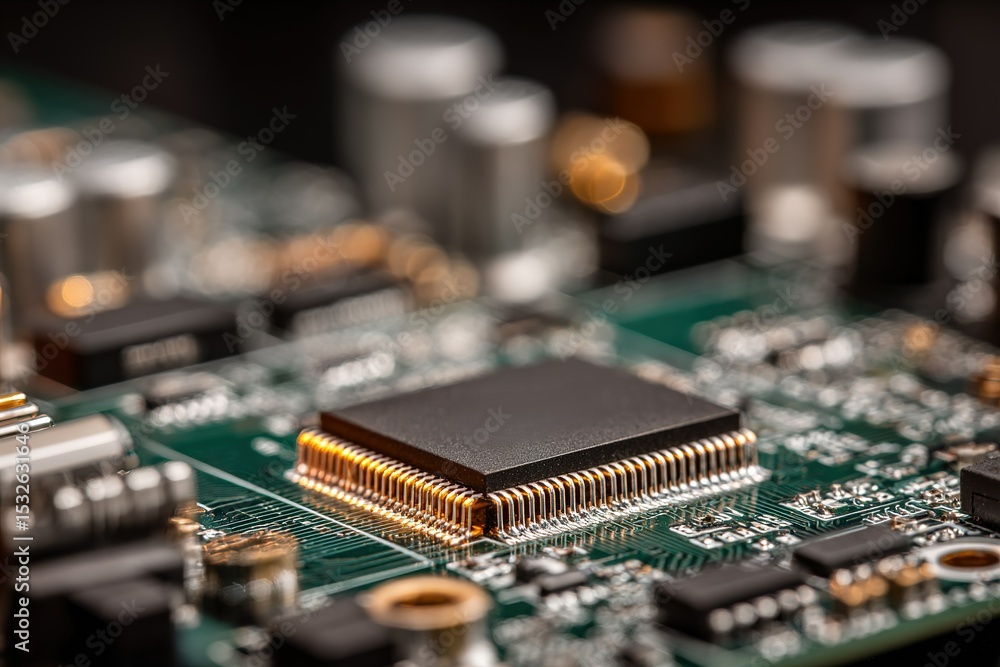 Poster close-up view of a microchip on a printed circuit board showcasing intricate details and electronic 