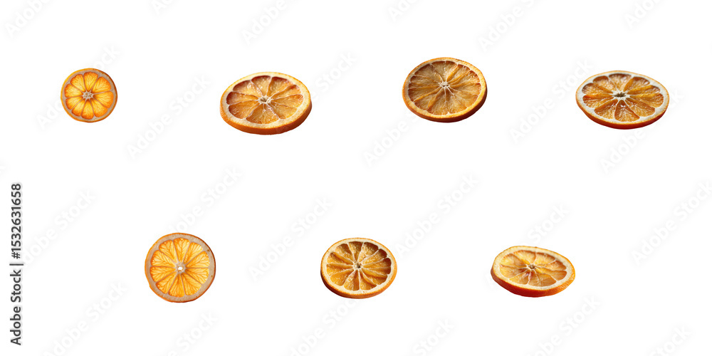 Poster dried orange slices arranged over a dark background showcasing different angles and textures isolate