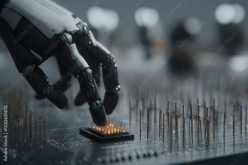 Poster robotic hand interacts with microchip in a high-tech laboratory environment