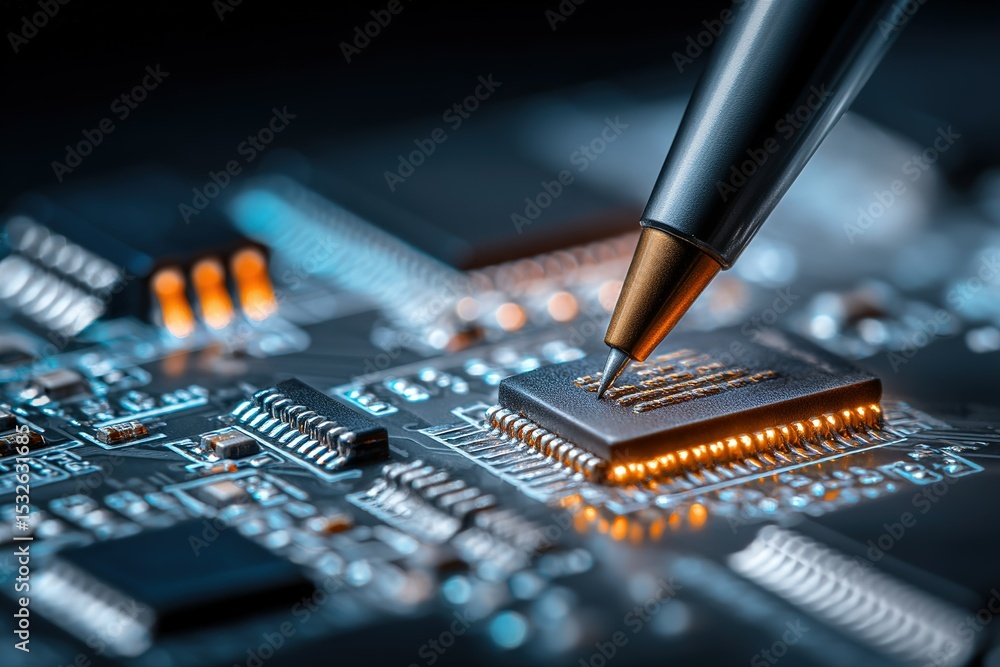 Poster close-up view of a microchip being inscribed with a pen in a high-tech environment showcasing intric