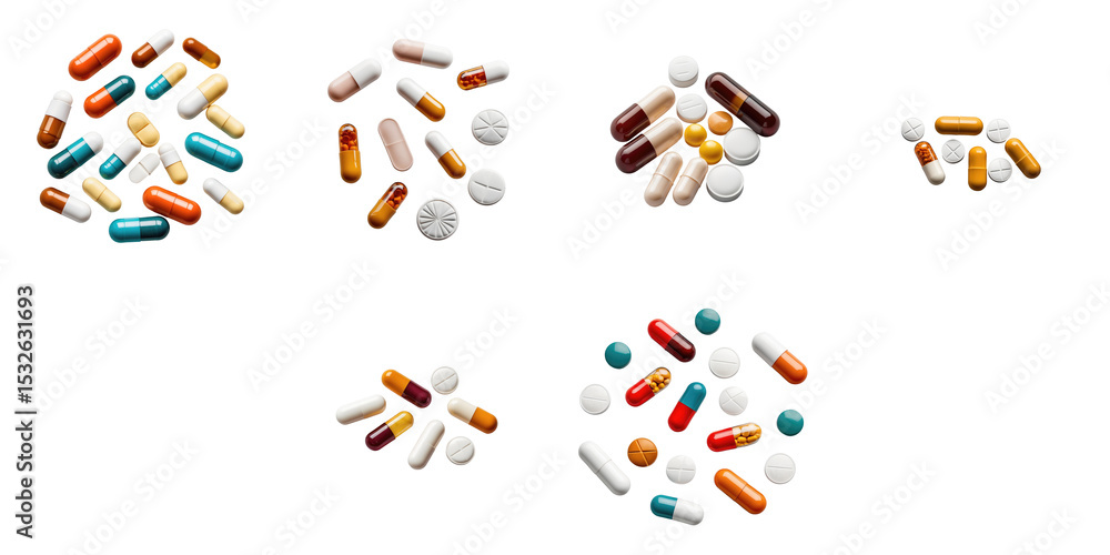 Poster assorted pharmaceutical pills capsules and tablets in various colors and shapes arranged on a transp