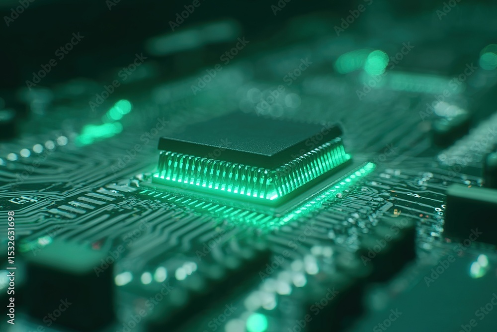 Poster close-up view of a green illuminated microchip on a circuit board showcasing advanced technology in 