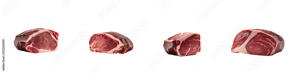 Poster four pieces of raw marbled pork meat with different cuts displayed on a transparent background showc