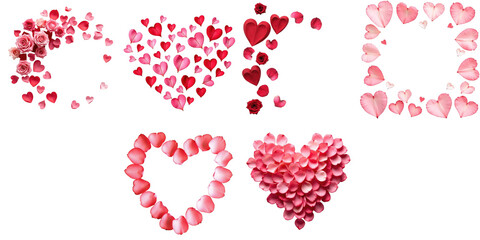 Rose petals arranged in heart shapes with various sizes and designs on a transparent background, ideal for romantic themes and decoration in digital media and print.