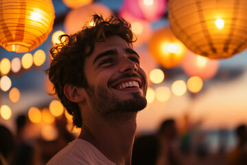 Smiling young man watching fireworks during tropical beach party at sunset, generative ai