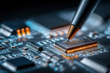 Close-up view of a microchip being inscribed with a pen in a high-tech environment showcasing intricate circuitry