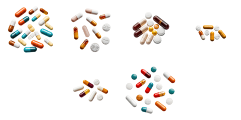Assorted pharmaceutical pills capsules and tablets in various colors and shapes arranged on a transparent background with transparent elements for clear visibility