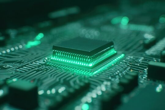 Close-up view of a green illuminated microchip on a circuit board showcasing advanced technology in a laboratory setting
