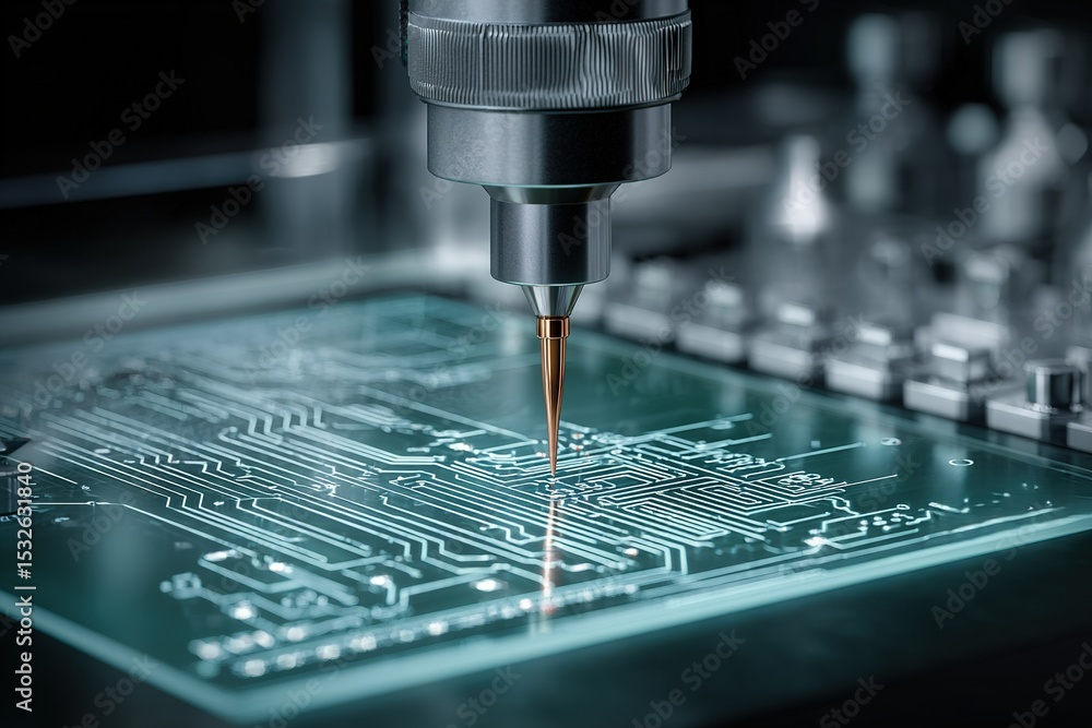 Poster precision soldering on a circuit board with advanced technology in a modern electronics workshop