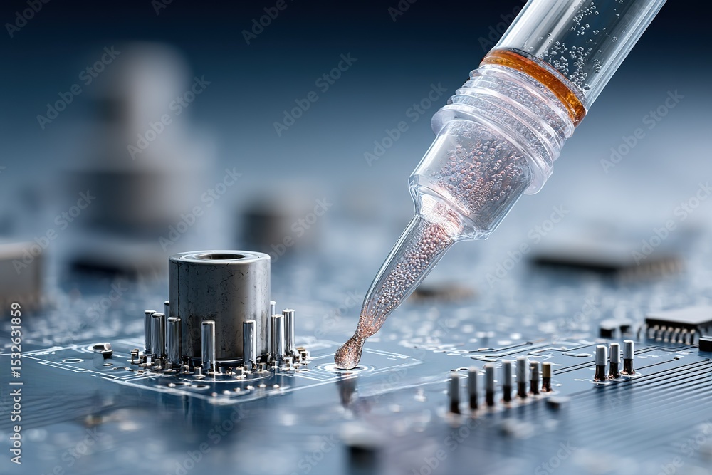 Poster close-up view of a pipette dispensing liquid on a microchip in a laboratory setting