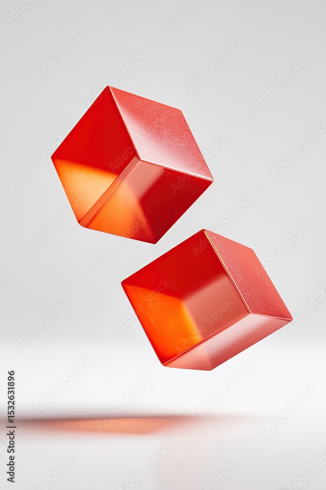 Poster levitating matte red cubes in a minimalistic grey environment