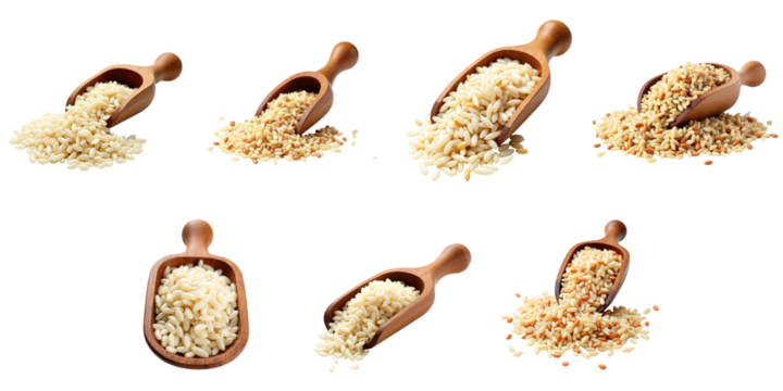 Variety of wooden scoops filled with different types of rice including parboiled, red, and wild rice against a transparent background isolated for clear visibility