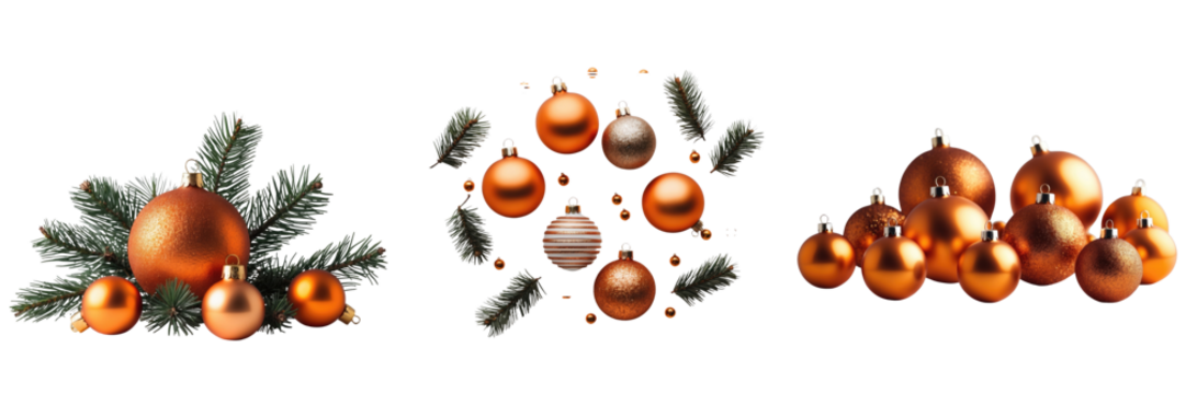 assortment of orange christmas ornaments with various finishes and shapes arranged with green pine branches on transparent background - Powered by Adobe