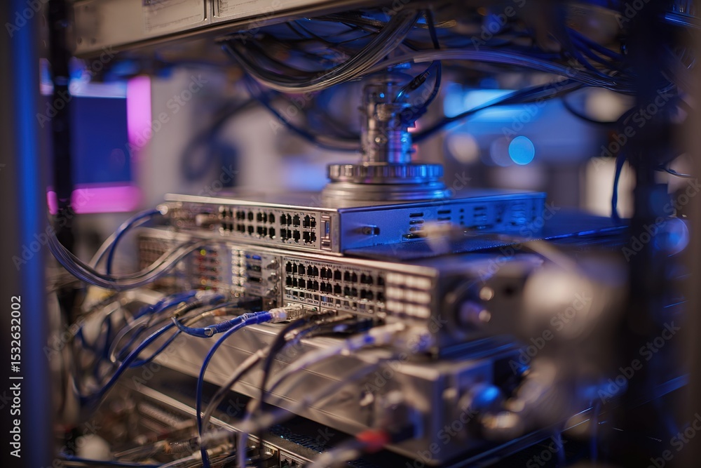 Poster network server equipment with multiple cables in a dimly lit data center environment