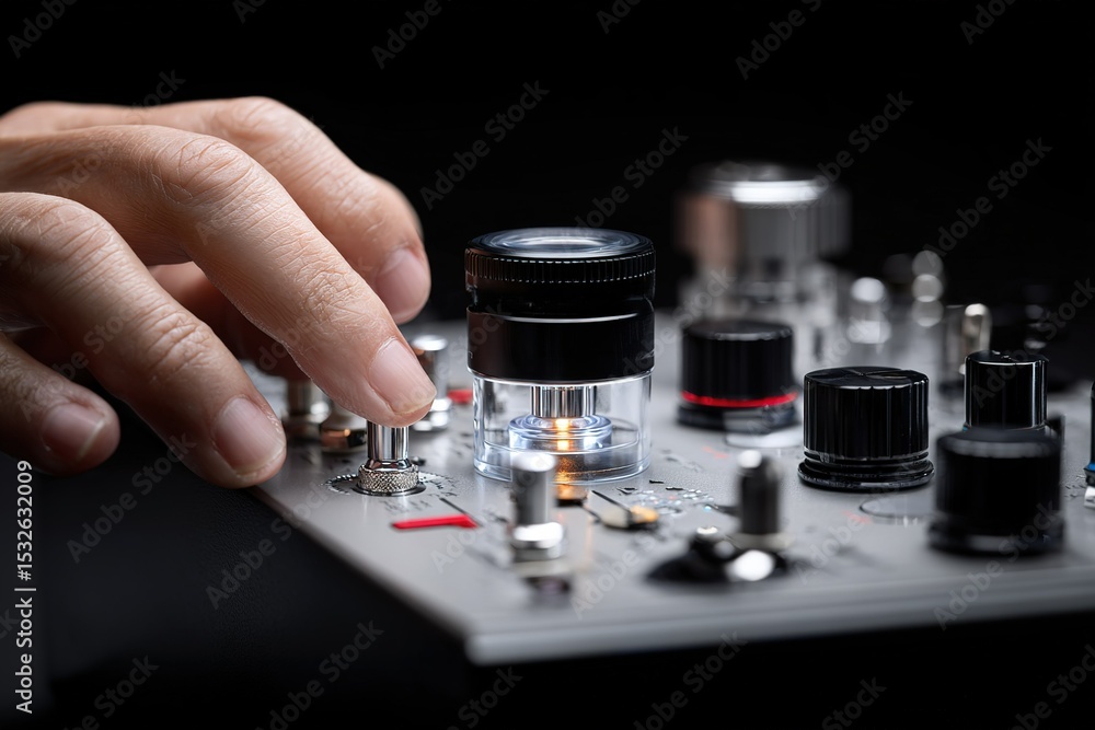 Poster adjusting settings on an audio equipment unit during a sound production session in a studio