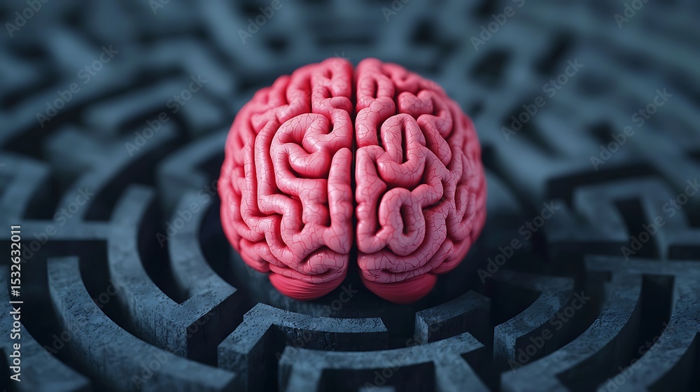 Poster a human brain sits at the center of a dark maze, symbolizing complex thinking and problem-solving.